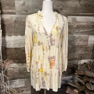 True Craft deep v-neck cream floral babydoll dress - S